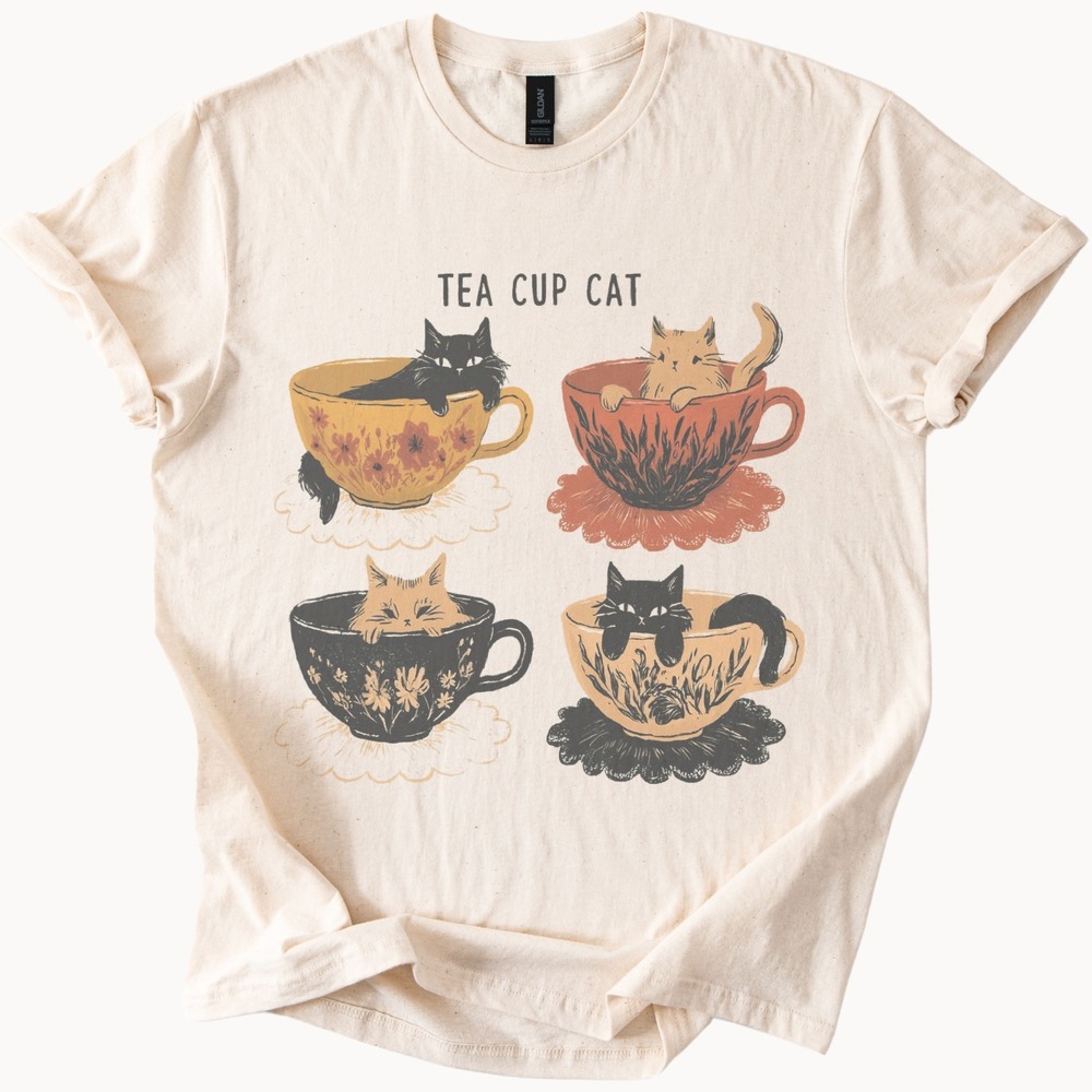 Tea Cup Cat Graphic Tee Whimsical Illustration Natural